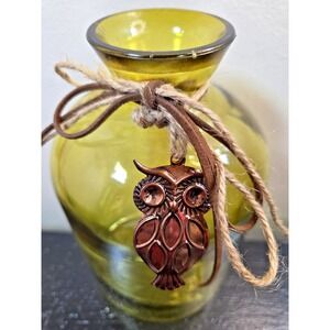 Handblown Avocado Green Bubble Glass Vase Large 8"‎ w/Owl Pendant on Leather